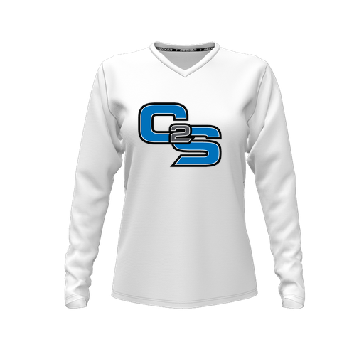 [CUS-DFW-TEES-CMF-VNK-LSL-WHT-FYXS-LOGO3] Decker Comfort T-Shirt (Female Youth XS, White, V Neck, Logo 3, Long Sleeve)