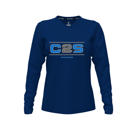 [CUS-DFW-TEES-CMF-VNK-LSL-NVY-FYXS-LOGO1] Comfort T-Shirt (Female Youth XS, Navy, V Neck, Logo 1, Long Sleeve)