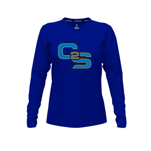 [CUS-DFW-TEES-CMF-VNK-LSL-RYL-FYXS-LOGO3] Decker Comfort T-Shirt (Female Youth XS, Royal, V Neck, Logo 3, Long Sleeve)