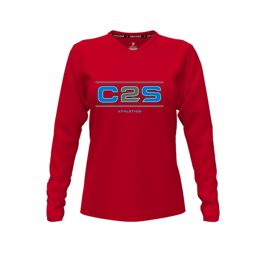 [CUS-DFW-TEES-CMF-VNK-LSL-RED-FYXS-LOGO1] Comfort T-Shirt (Female Youth XS, Red, V Neck, Logo 1, Long Sleeve)