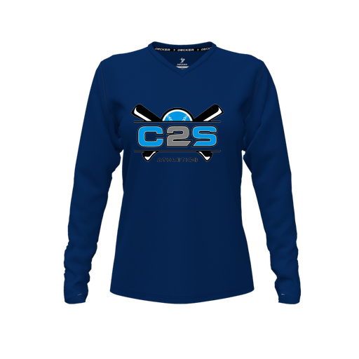 [CUS-DFW-TEES-PER-VNK-LSL-NVY-FYXS-LOGO2] Performance T-Shirt (Female Youth XS, Navy, V Neck, Logo 2, Long Sleeve)